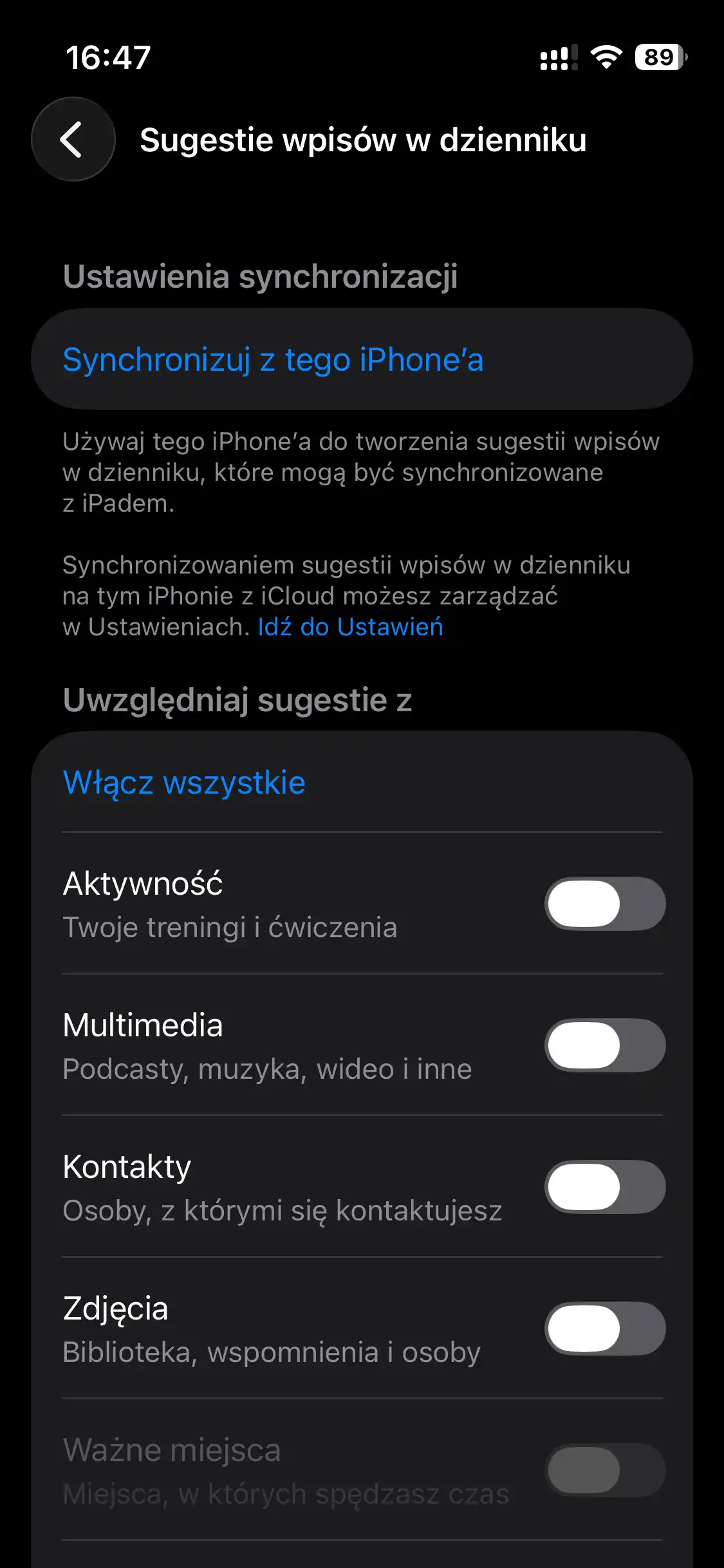 Sugestie do dziennika iPhone
